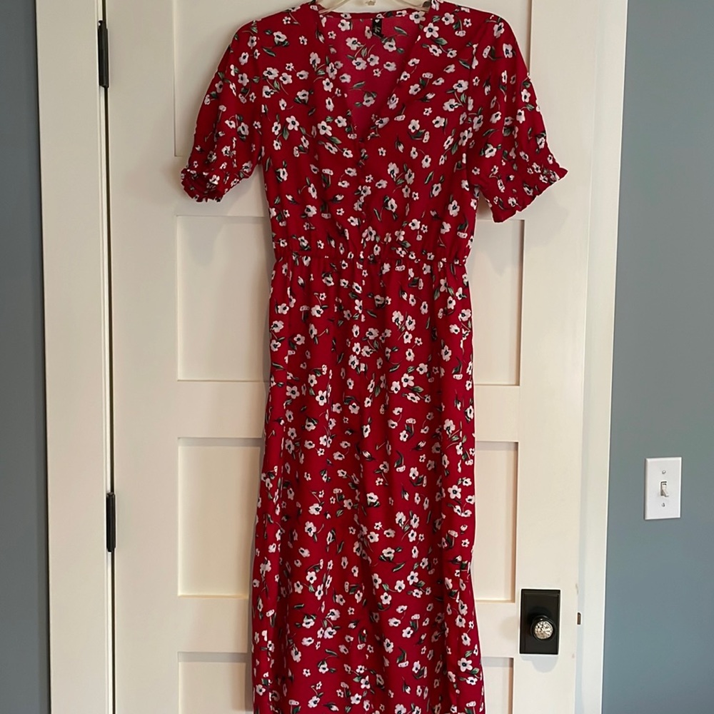 Red floral midi dress
